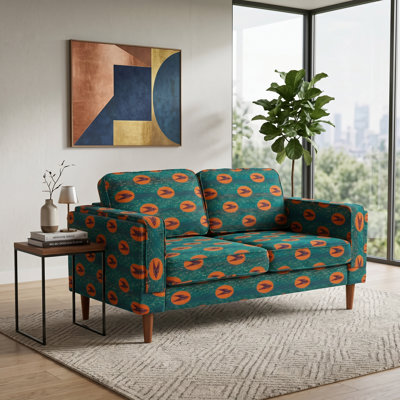 Green Patterned Upholstered Sofa With Solid Wood Frame And Natural Wood Legs(2-Seater)