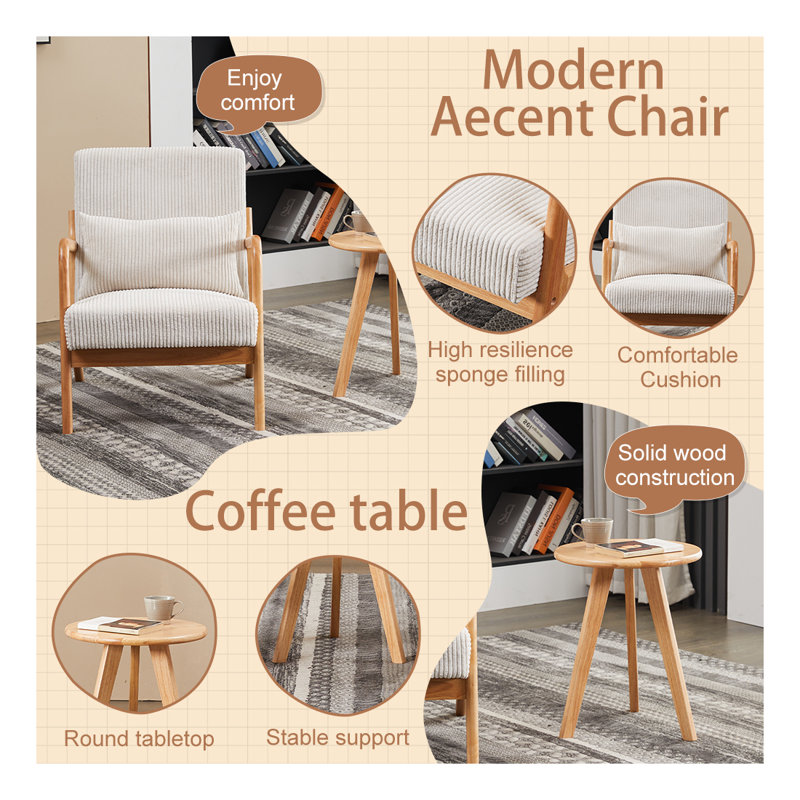 Ensemble de chaise d'appoint et de table basse Mid-Century Modern, Beige / bois naturel