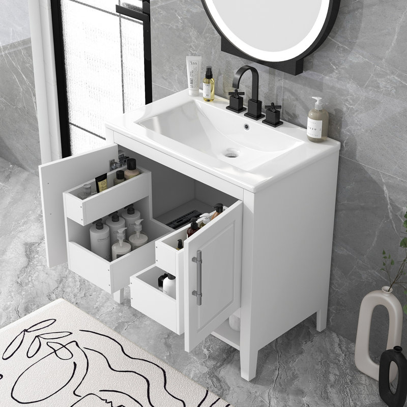 Meuble-lavabo 30 po avec lavabo, armoire de salle de bain multifonctionnelle avec portes et tiroirs, structure solide et panneau de fibres à densité moyenne