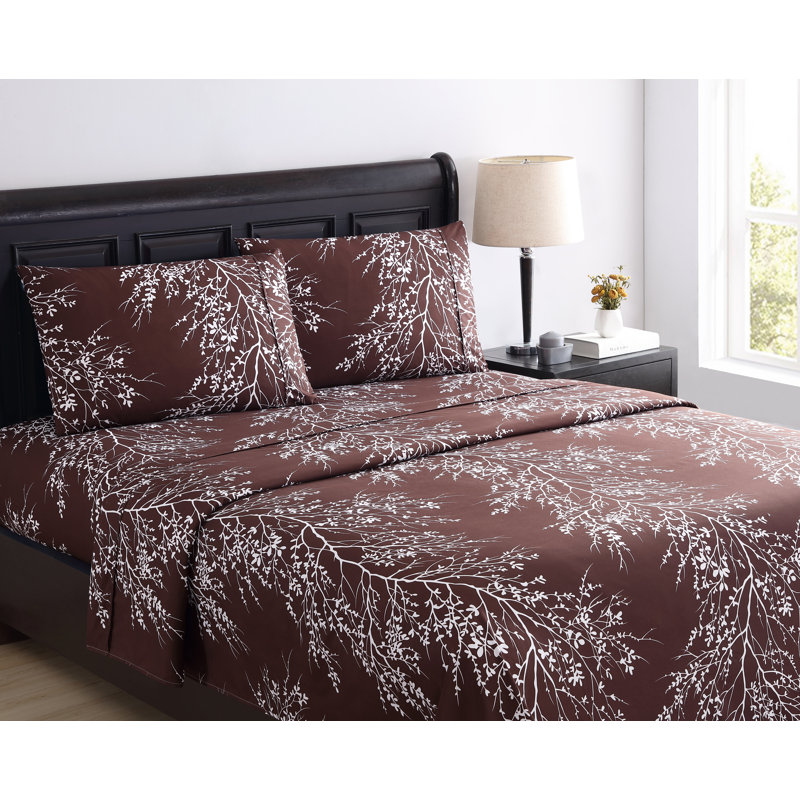Ensemble de draps en microfibre Foliage, Bleu marine / Ivoire, Drap pour taille de lit double avec drap-housse et