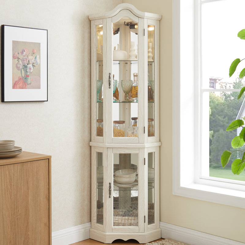 Rangement de coin éclairé avec verre blanc et verre, quatre poignées réglables pour les vitrines, portes vitrées intégrées,