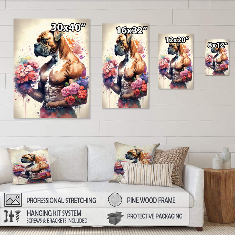 «Cute Boxers Floral», impression sur toile, H 32 po x l 16 po x P 1 po, Toile tendue