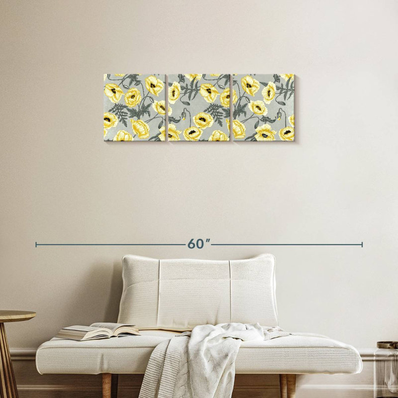 Motif de pavot jaune 3 pièces, H 12 po x l 38 po x P 1,25 po