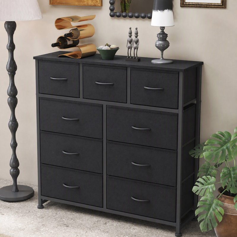 Commode en tissu à 9 tiroirs avec plateau en bois et commode l 39,37 po Charvi, Noir