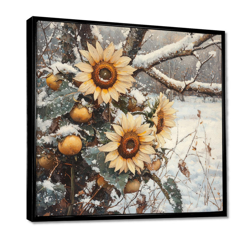 Ditchko tournesols dans le verger enneigé - art mural tournesols, H 16 po x l 16 po, Impression encadrée flottante