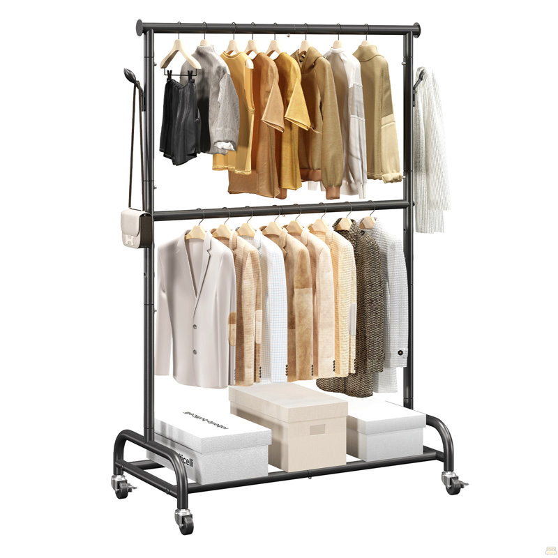 Clothes Rack, Rolling Clothing Garment Rack with Adjustable Crossbar and Side Hooks, 150 lbs Load Capacity, Heavy Duty Carbon Steel Clothing Racks with Wheels for Bedroom, Laundry, Living Room