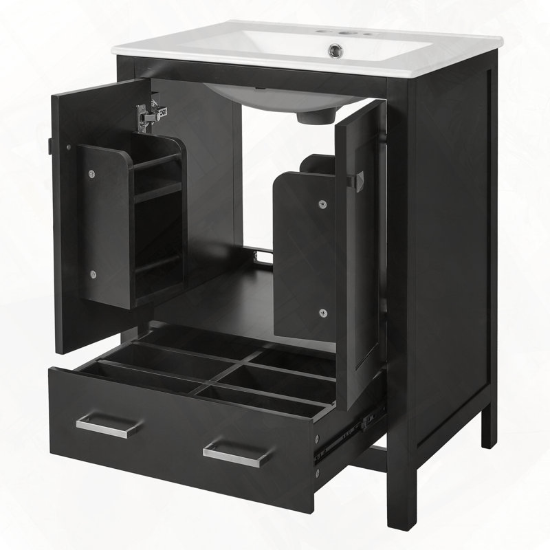 Meuble-lavabo de salle de bain avec lavabo encastré intégré et structure robuste, Noir
