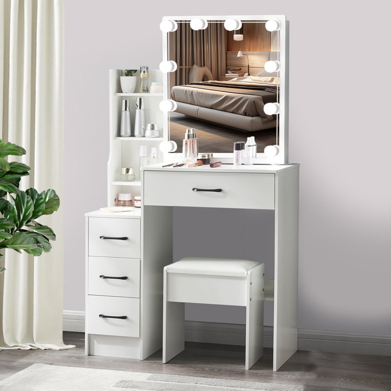 Arowana Vanity Desk with Mirror and 10 LED Lights, Makeup Vanity with 4 Storage Drawers, 3 Hidden Shelves Dressing Table for Bedroom