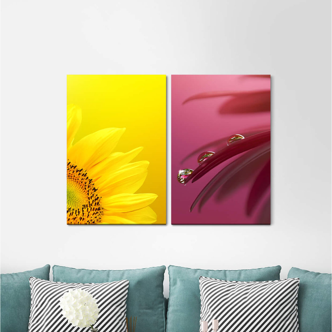 2-tlg. Leinwandbilder-Set - Fotografie „Dahlia Sunflower Yellow Flowers Water Drops Purple”