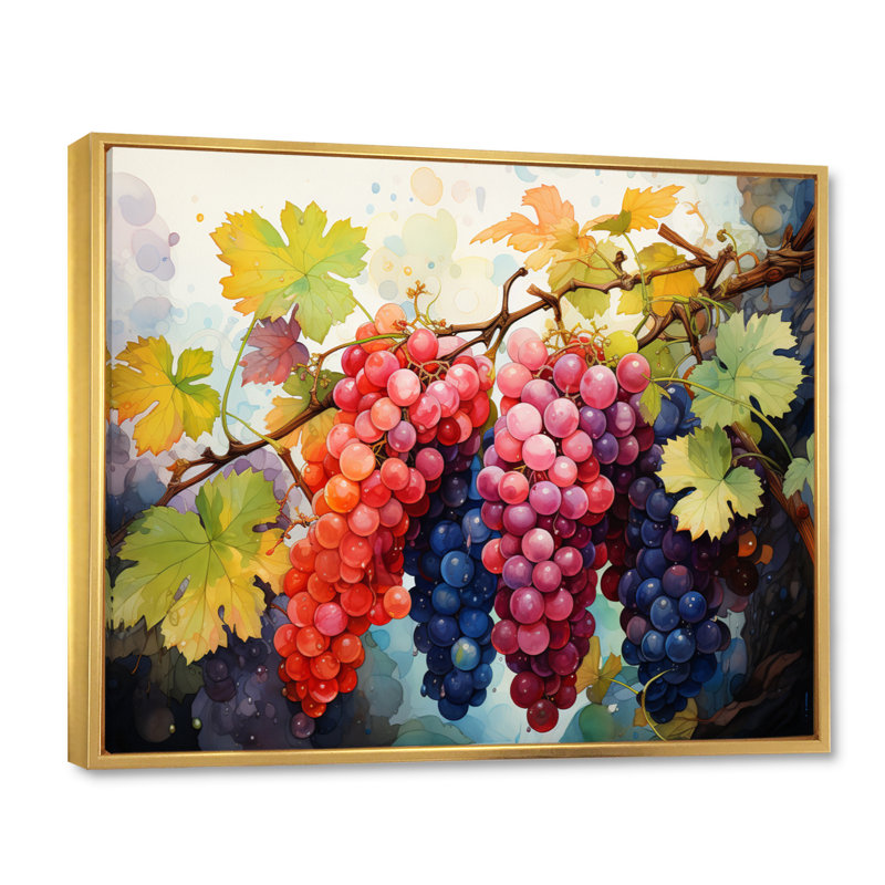 Rose, mauve, raisin, vignes, pointillisme - impression, H 24 po x l 32 po x P 1 po, Cadre flottant doré