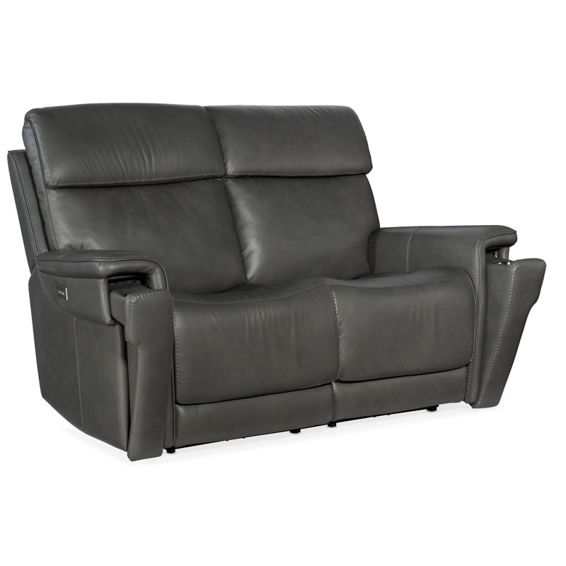 Sahara Dorian Gray Leather Loveseat with Pillow-top Arm and Cup Holder