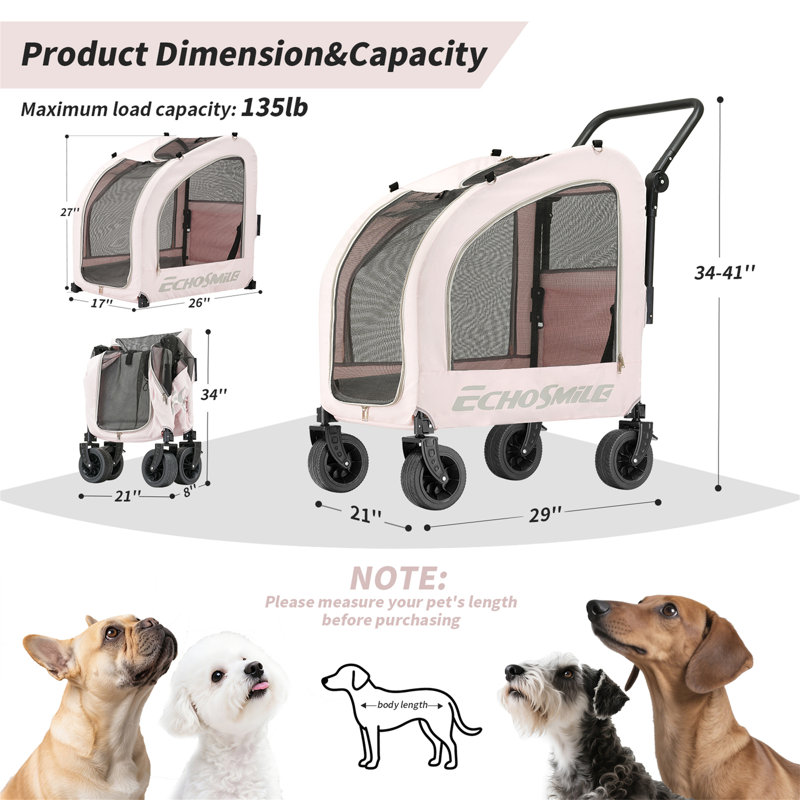 EchoSmile Pink Folding Pet Stroller with All-Terrain Wheels