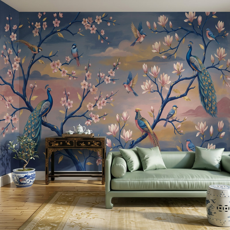 Papier peint oriental avec des fleurs de cerisier et des fleurs de cerisier, Texturé non collé, 100 po x 96 po