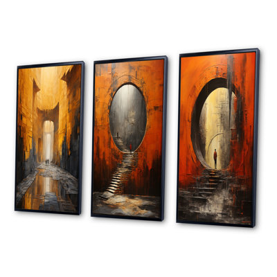 " Yellow Gray Abstract Tunnel " 3 - Pieces