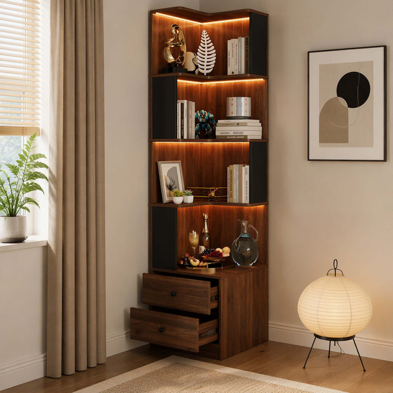 Bibliothèque de coin autoportante en L avec tiroirs et déflecteur, présentoir de coin à 4 niveaux avec lumières DEL pour le bureau à domicile, le salon, la chambre à coucher et la cuisine
