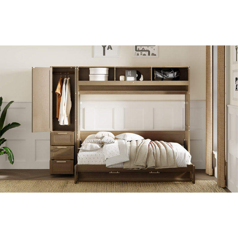 Lit escamotable double avec garde-robe, tiroirs et tablettes ouvertes, bois antique