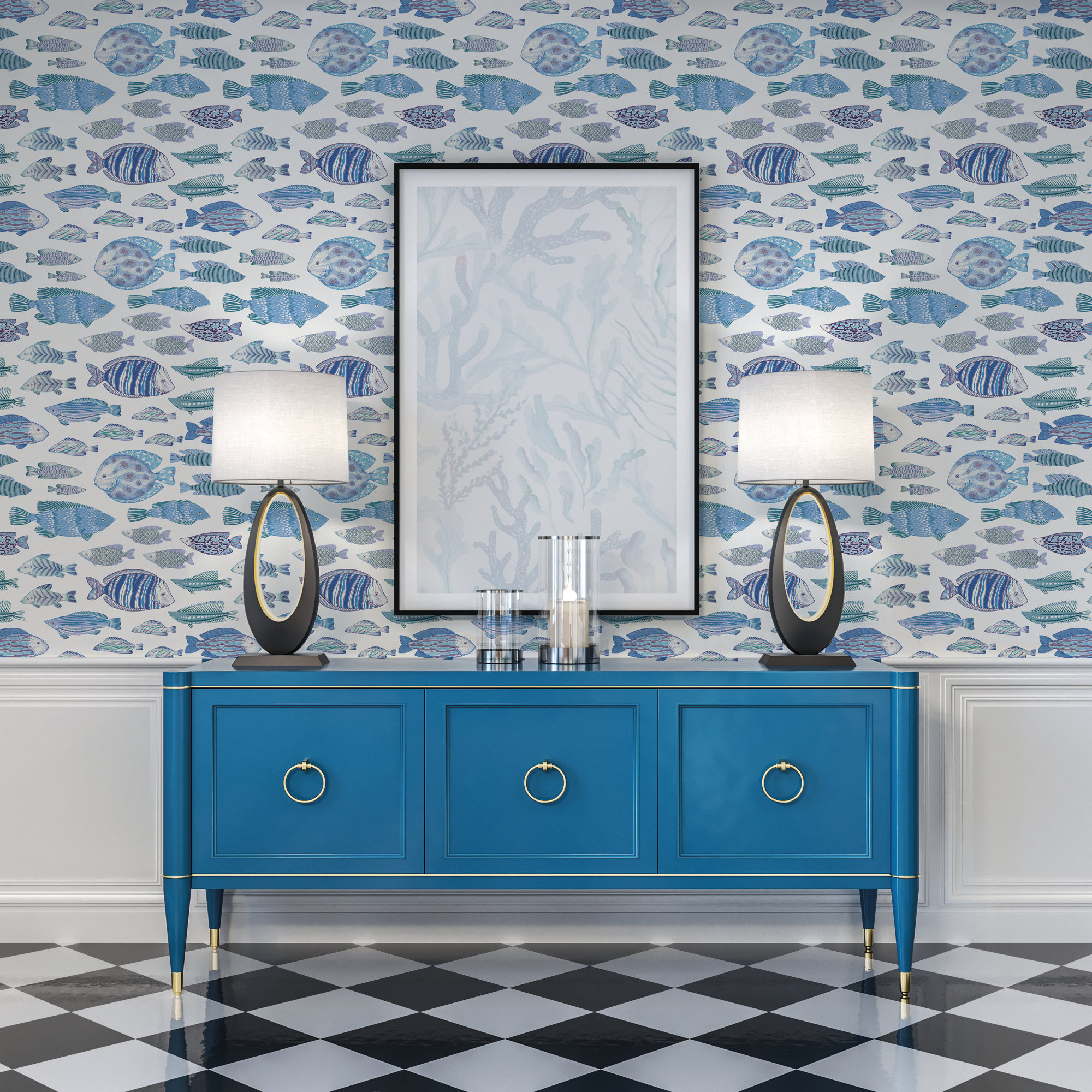 Marine Fish Peel And Stick Wallpaper, Aqua and White