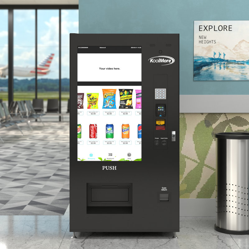 Refrigerated Snack Vending Machine In Black With 48 Slots Featuring Ample 49 Inch Touch Display, Bill Acceptor, Credit Card Reader, Wifi and 4G Connectivity