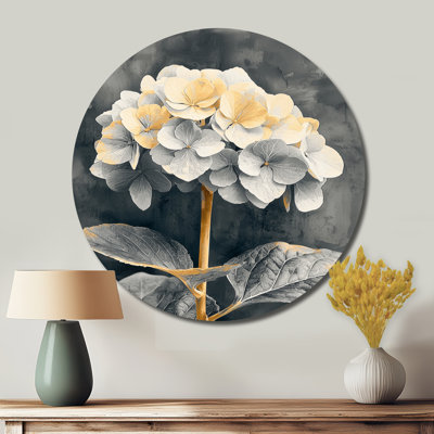 «Hortensia monochrome avec une tige d'hiver II», reproduction d'art en métal jaune traditionnel