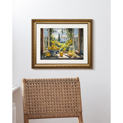 Vintage Lemon Kitchen 13x16 Golden Framed Canvas Wall Art, Rustic Country Farmhouse Window Scene Garden View Print, Bowl and Jar Dining Room Still Life Painting Home Kitchen Decor