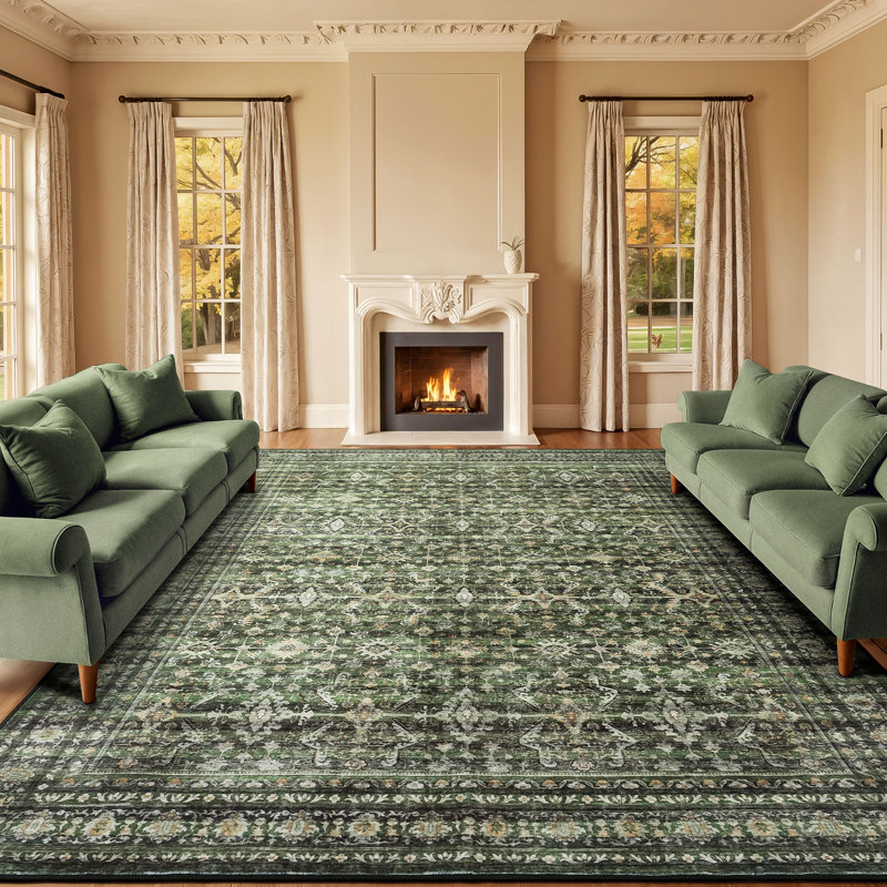 8'X10' Washable Floral Area Rug with Non-Slip Backing Green, Green, Rectangle 8' x 10'