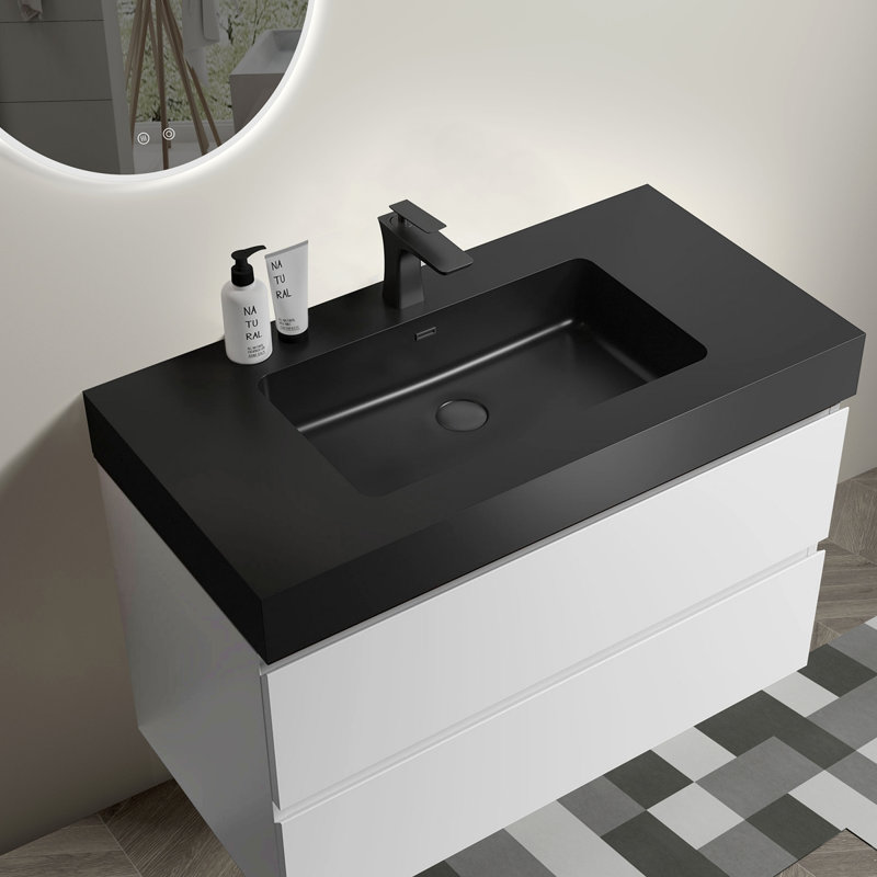 Meuble-lavabo de salle de bain flottant mural, Noir, Blanc