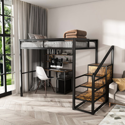 Lit mezzanine avec bureau, garde-robe et structure en métal renforcé, pour une vie compacte, prises de courant rectangulaires et noires, rangement, adolescents,