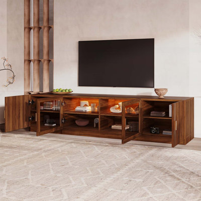 Meuble télé rétro pour téléviseurs de 85 po ou moins, conception Mid-Century avec portes en verre et lumières DEL, tablettes réglables pour le rangement des médias