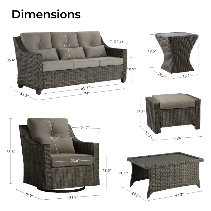 Ensemble de conversation d'extérieur pour 5 personnes avec table basse et coussins Keaisha, Gris brunâtre, Gris