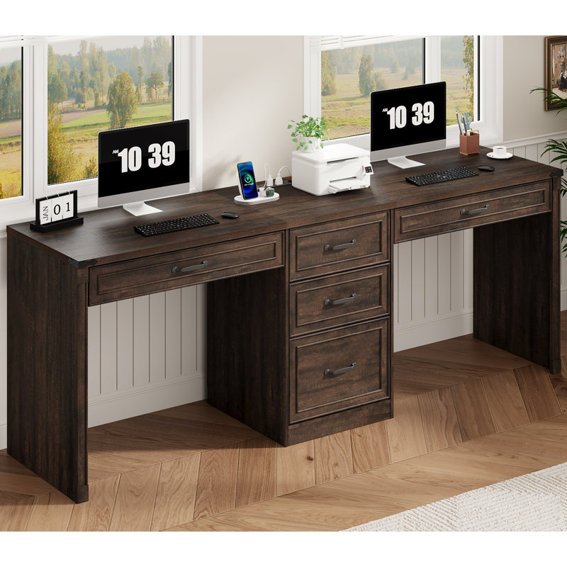 80.9" Executive Computer Desk With Power Outlet And 5 Drawers, Large Home Office Writing Desk With File Drawer And Metal Handles, Rustic Brown