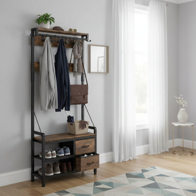 Industrial Black & Brown Hallway Coat Rack,17 Hooks & 2 Drawers,With Bench,Hanging Rod,Top Shelf