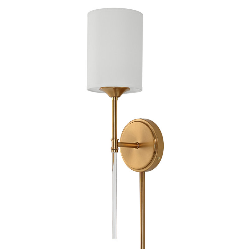 Warm Brass Plug-In Sconce with White Drum Shade