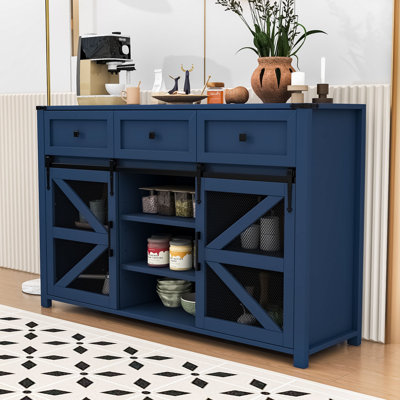 Buffet Modern Farmhouse avec porte de grange coulissante, tablettes réglables et tiroirs