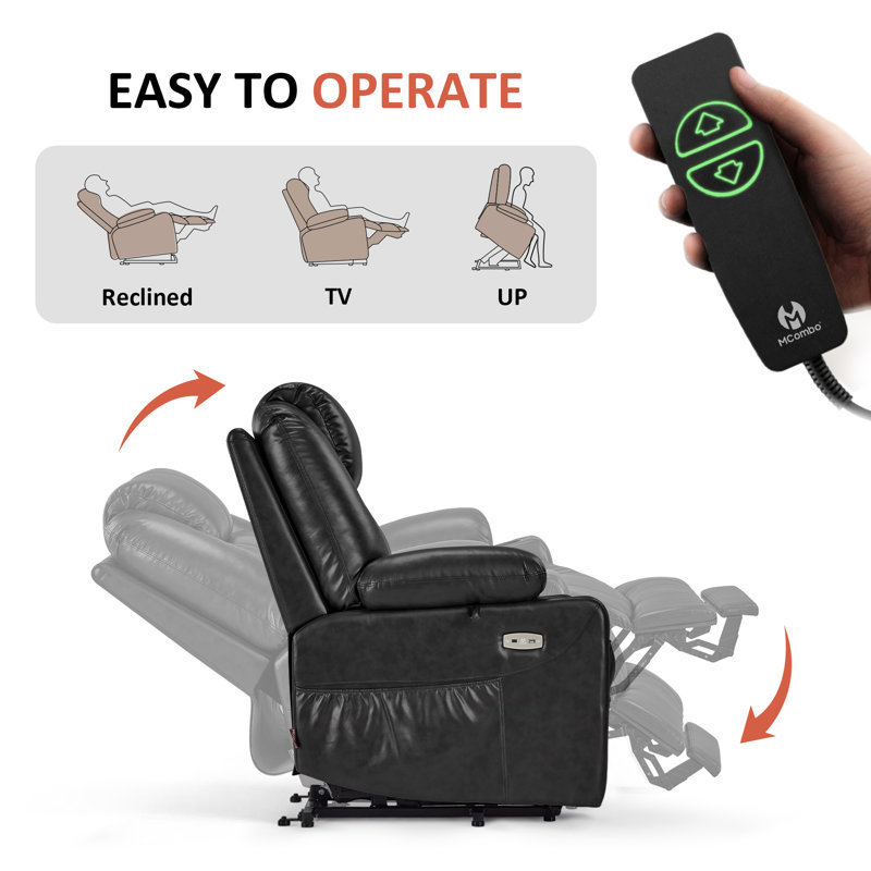 Power Recliner Lift Chair with Vibration Massage and Heat & Extended Footrest, Faux Leather, Black