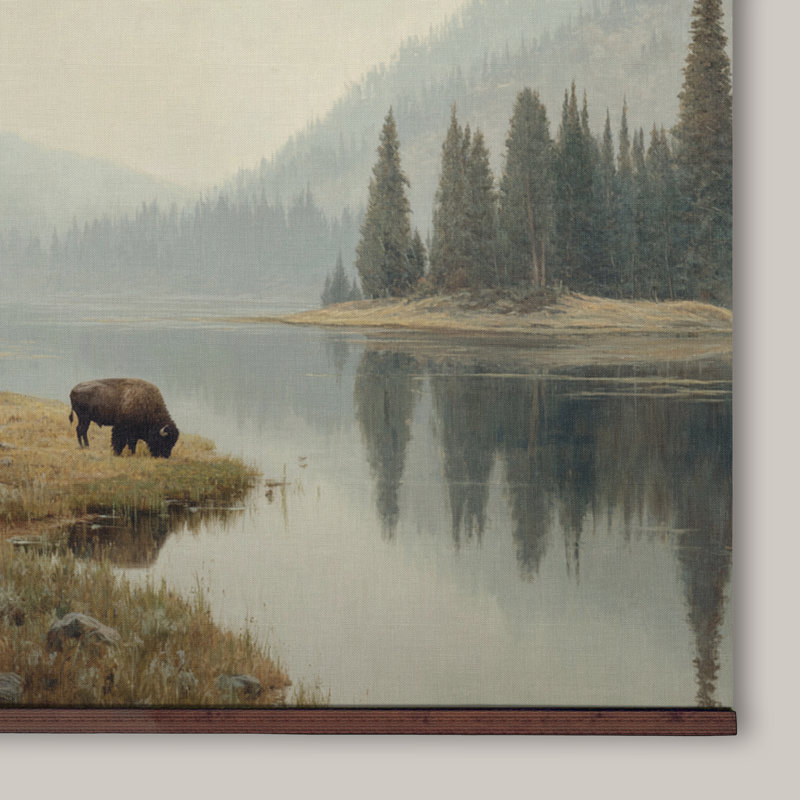 «Mountain Lake with Bison», art rustique sauvage, H 32 po x l 48 po