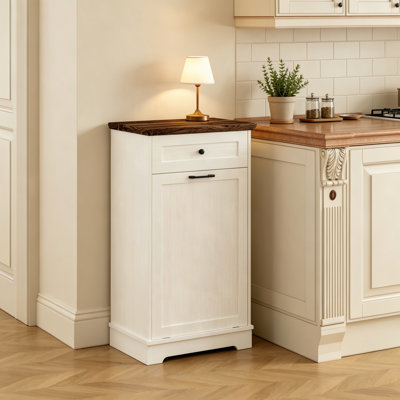 Armoire à ordures inclinable 10 gallons, armoire de recyclage de déchets autoportante en bois avec tiroir, support de poubelle à l'épreuve des animaux de compagnie pour le salon de la cuisine, blanc antique (poubelle non incluse)
