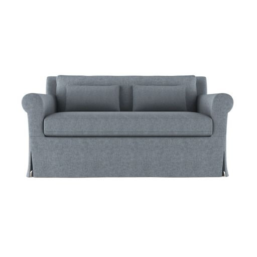 Ludlow Rolled-Arm Skirted Loveseat, 34" H x 60" W x 38" D, Box Weave Linen Blue Print, Weathered