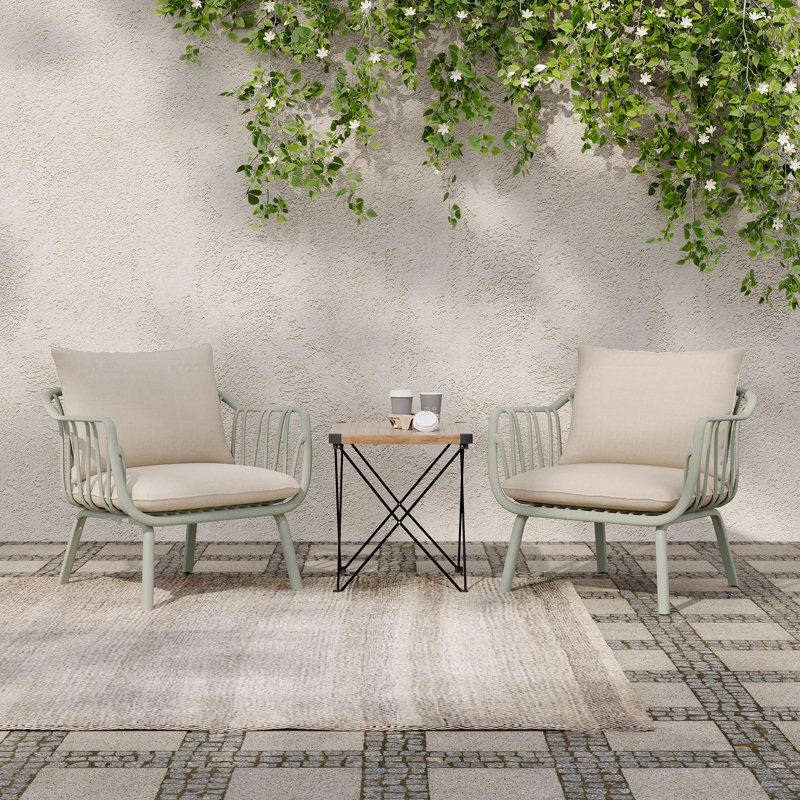 Set Of 2 Outdoor Patio Club Chair, PP Green Finish With Beige Cushion, Beige, Green