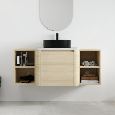 Ensemble de meuble-lavabo simple mural 48 po avec lavabo en céramique et tablettes Greythor, ensemble de meuble-lavabo simple 48 po avec plateau en pierre reconstituée