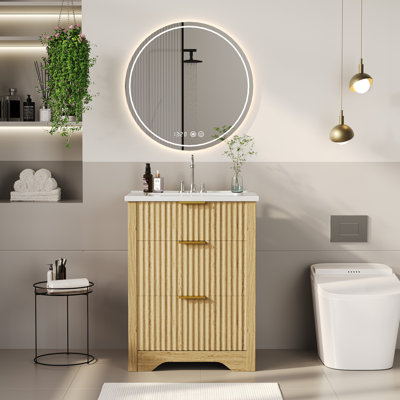Meuble-lavabo cannelé avec lavabo - 2 tiroirs et rangement rabattable - Assemblage et nettoyage faciles - Armoire autoportante, chêne naturel, couleur de bois E6509-DL, 24 po