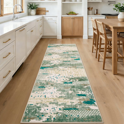 Tapis de couloir abstrait lavable à la machine 2 pi x 6 pi avec envers en caoutchouc antidérapant - Tapis à poils courts et résistant aux taches