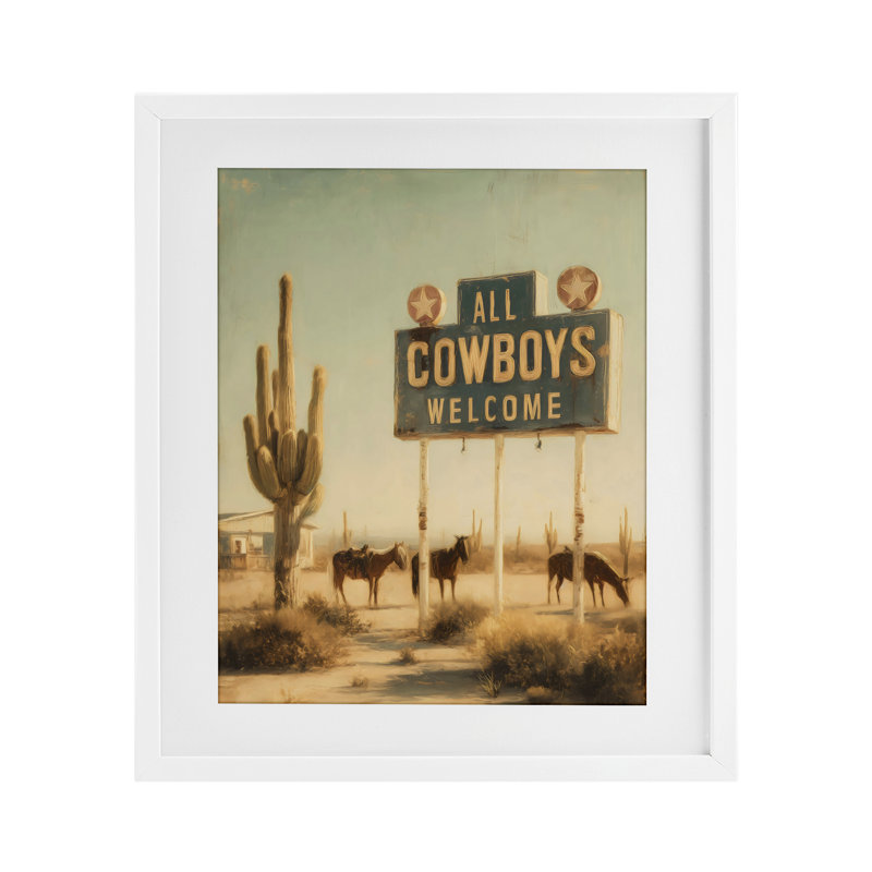 All Cowboys Welcome Desert, reproduction encadrée sous verre, design par Arlington Prints, 16 x 13