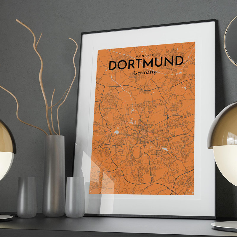 Carte de la ville de Dortmund, impression à Oranje, H 36 po x l 24 po, Orange et gris