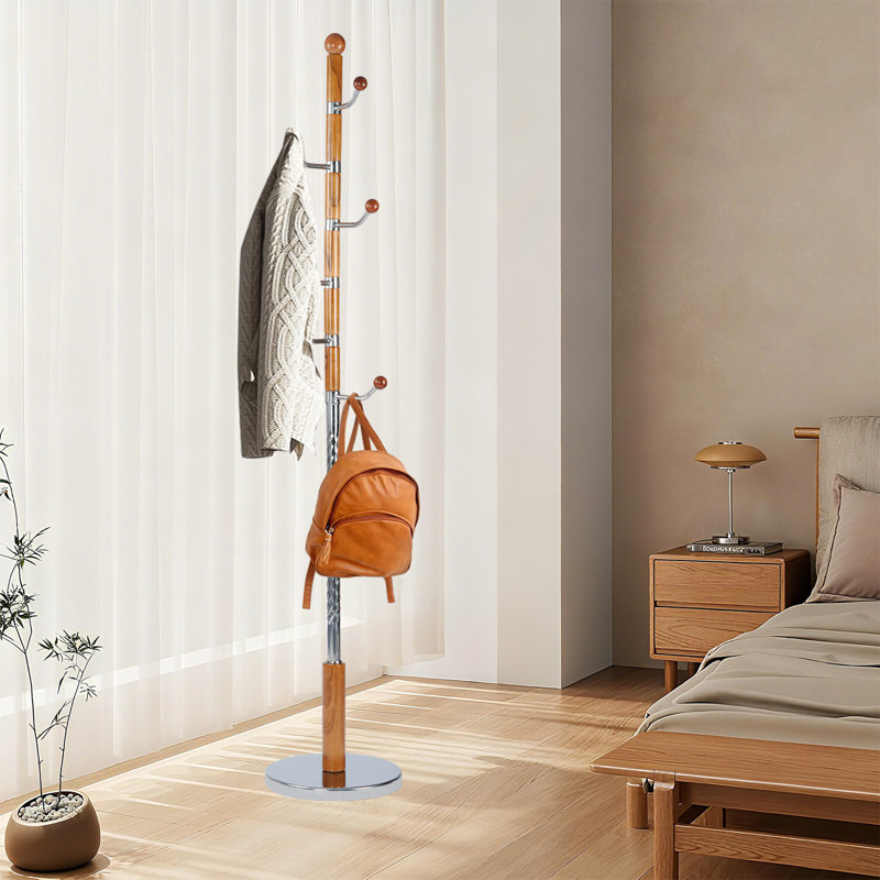 Portemanteau en bois massif, 6 points de suspension et base robuste pour le couloir, bureau (crochet pivotant en cerisier)