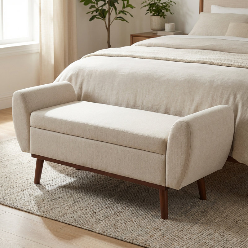 Upholstered Storage Bench with Solid Wood Leg, Beige