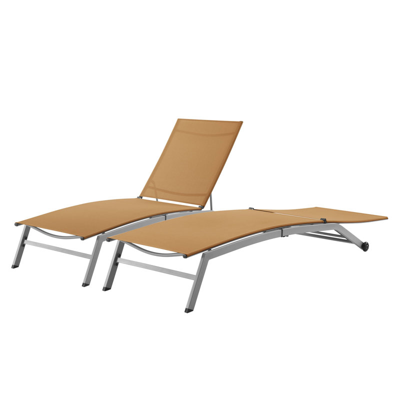 Cand 77.5" Long Metal Reclining Armless Single Chaise Lounge with PVC-coated polyester Sling Seat and Wheels, Gray, Orange