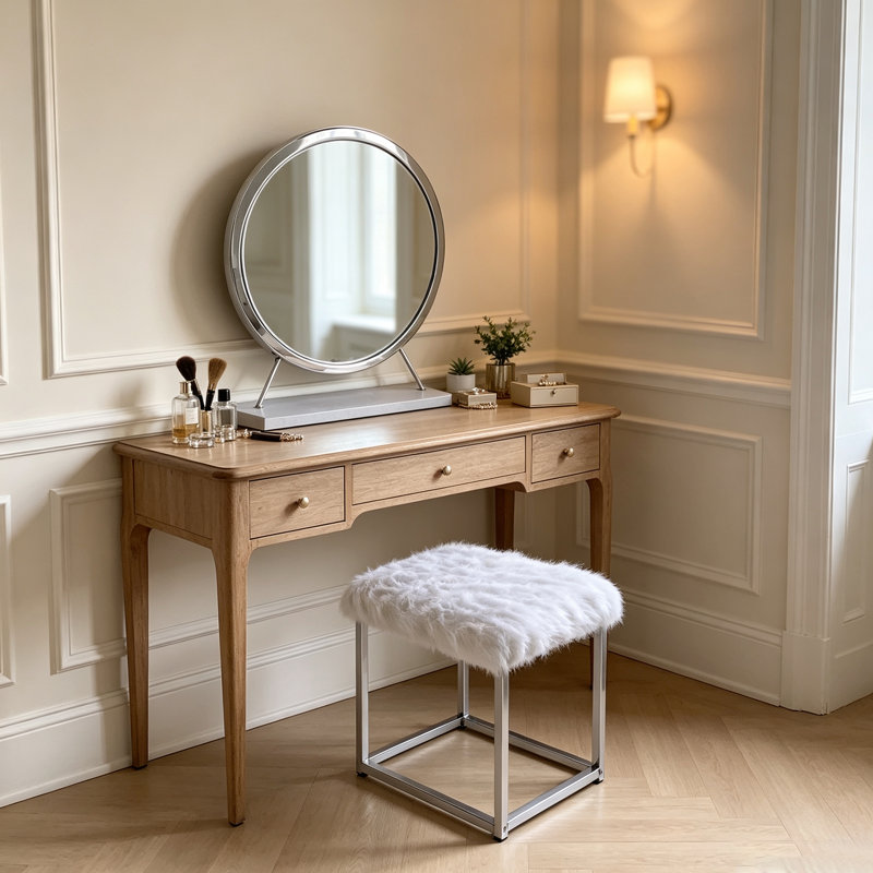 Tabouret de coiffeuse minimaliste moderne en fausse fourrure blanche avec structure en métal chromé et miroir rond haute définition