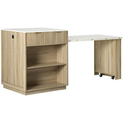 Îlot de cuisine cannelé de 82,6 po avec table de salle à manger escamotable de 51,1 po pour 2 personnes, conception à deux tons, tablettes latérales ouvertes, roues verrouillables, grand plateau en faux marbre extensible, tiroirs double face,