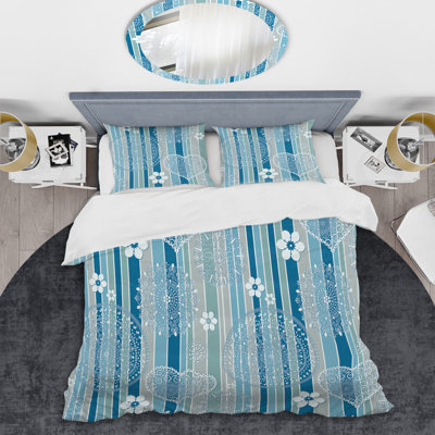 Motif à rayures bleues et grises - Ensemble de housse de couette abstrait - Microfibre de polyester