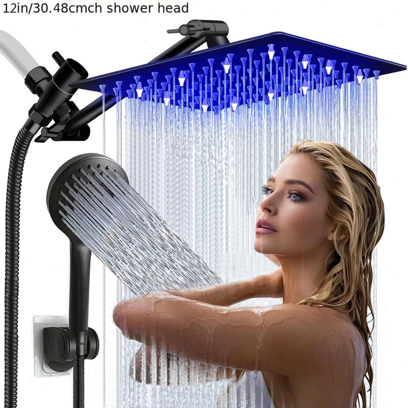 Pomme de douche à pluie noire à haute pression 12 po avec douchette à DEL noire